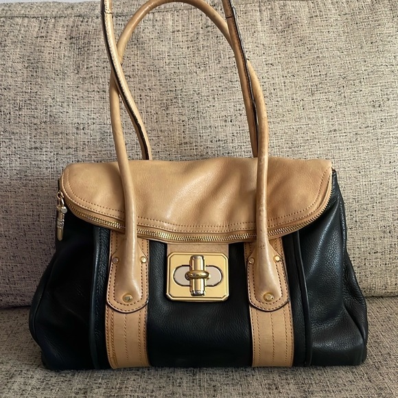 B. Makowsky Rockefeller Leather Satchel Black and Tan - Picture 1 of 15